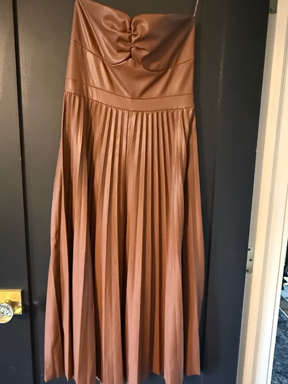 Strapless Brown Pleated Faux Leather Midi Dress - Picture 2 of 8